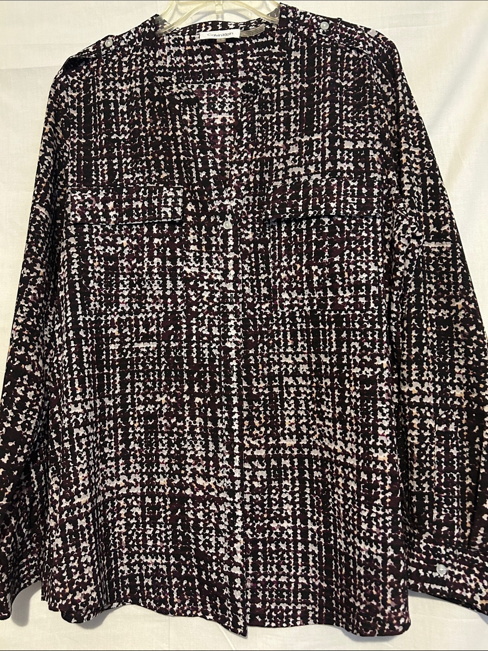 Print Button-Front Blouse in burgundy and Cream